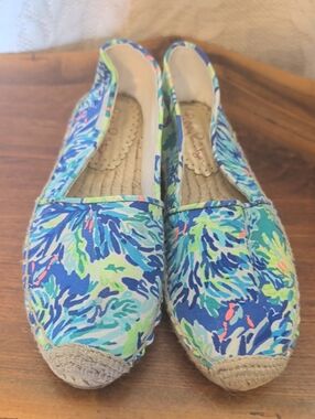Lilly Pulitzer Blue Floral Canvas Espadrilles with Green & Pink Accents